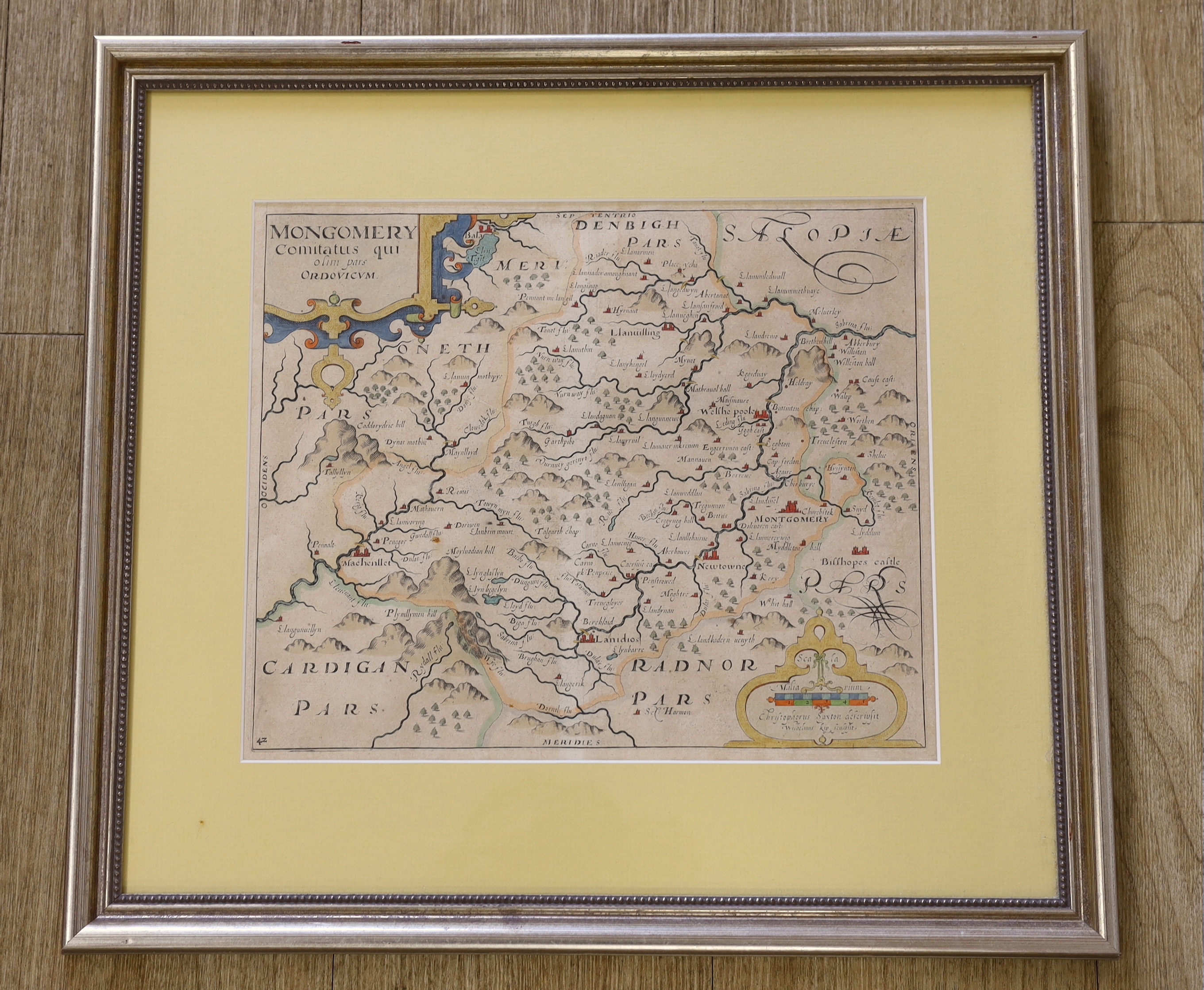 Christopher Saxton/William Kip, hand-coloured engraving, Map of Mongomery (sic), 28 x 33 cm